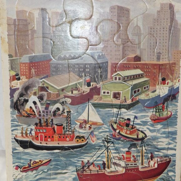 PLAYSKOOL 1950s Tray Puzzle 80-2C Printed in USA Boats Buildings Golden Press - Picture 2 of 4